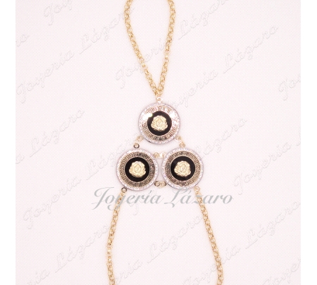 PULSERA ROMANA ORO 18 KTS 3 MEDALLONES 20MM ONIX MEDUSA BIC. CADENA RO                              