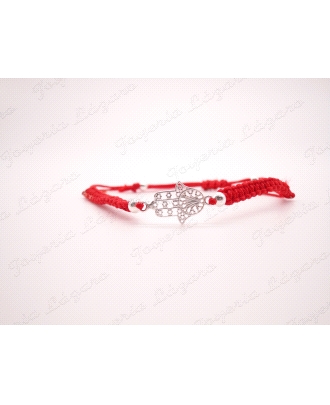 PULSERA PLATA  MANO DE FATIMA MACRAME ROJO                                                          