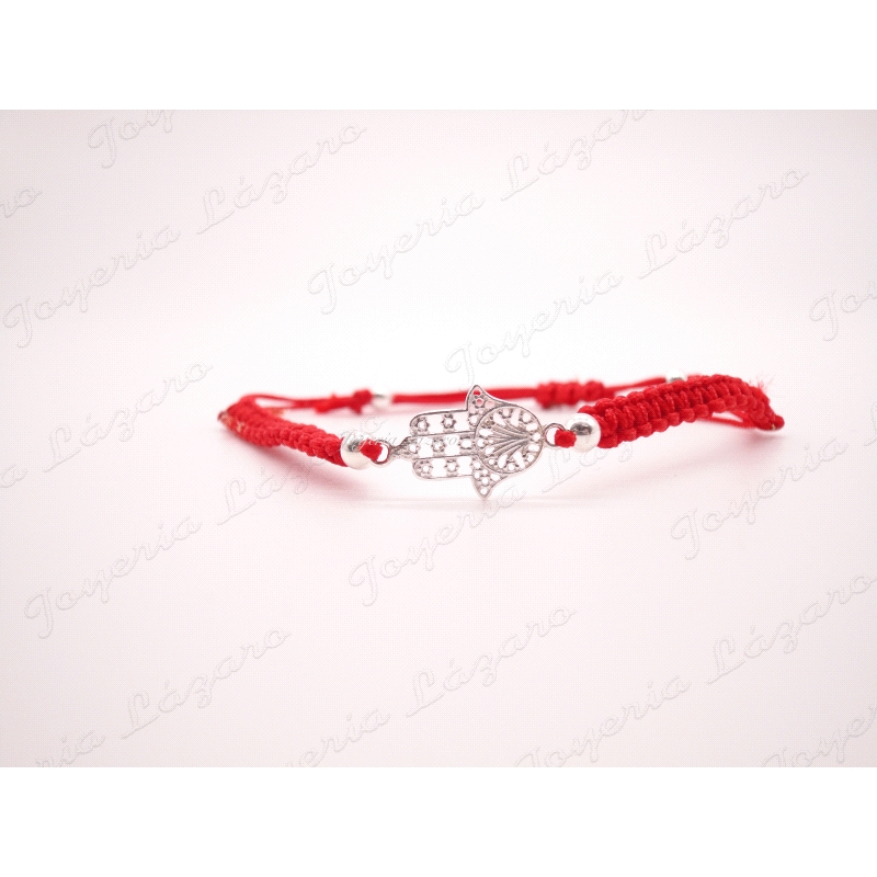 PULSERA PLATA  MANO DE FATIMA MACRAME ROJO                                                          