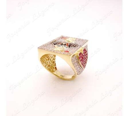 SORTIJA ORO 18 KTS SELLO RECTANGULAR, CIRCO. BLANCAS Y ROJAS PAVÉ