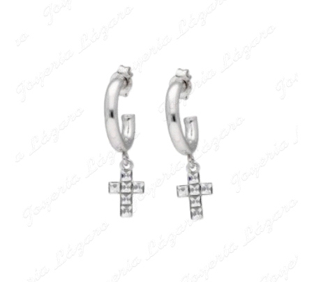 PEND. AROS PLATA TUBO ABIERTOS CON CRUZ COLGANDO PRESION                                            