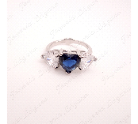 SORTIJA PLATA CIRCO. CORAZON AZUL+2 CIRCOS BLANCAS A LOS LADOS