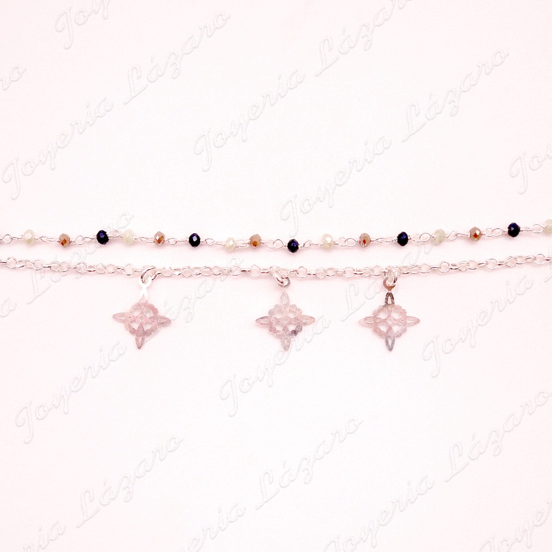 PULSERA PLATA DOBLE NUDOS BRUJA+PIDRAS COLOR BOLITAS                                                