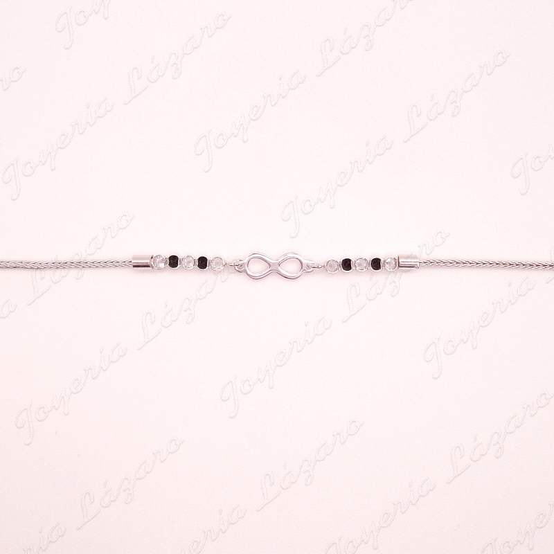 PULSERA PLATA CORDON FINO+INFINITO+TRAMOS CIRCO NEGRA Y BLANCA                                      