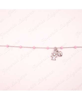 PULSERA PLATA BOLITAS ESMALTE ROSA+NIÑA Y CORAZON COLGANDO                                          