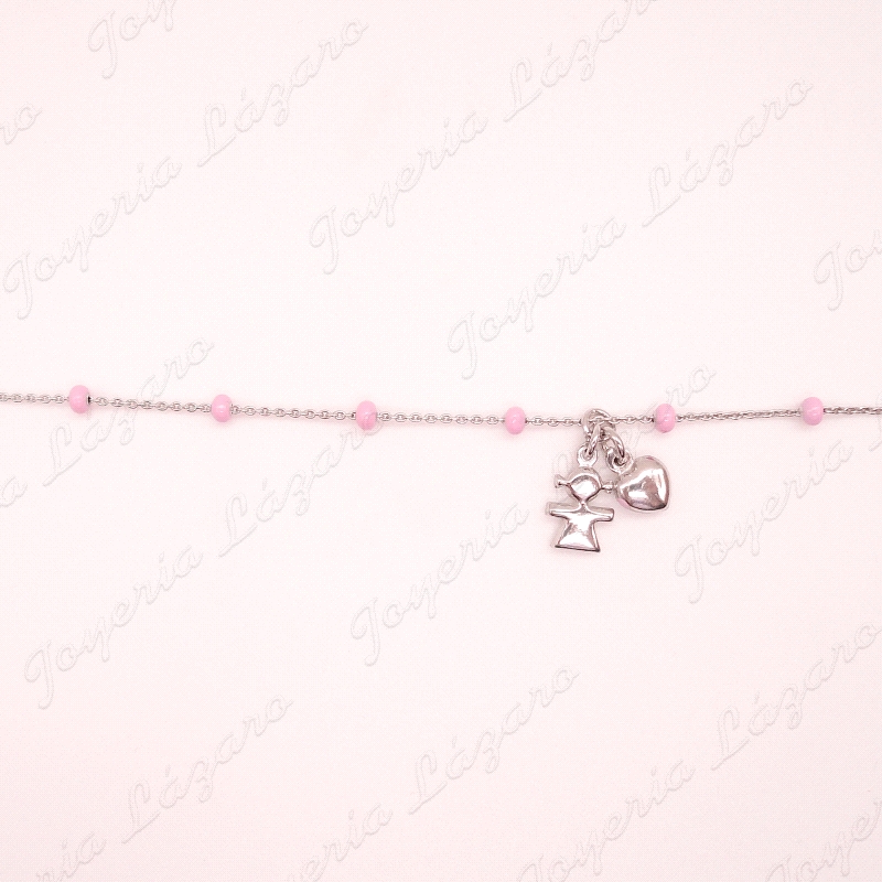 PULSERA PLATA BOLITAS ESMALTE ROSA+NIÑA Y CORAZON COLGANDO                                          