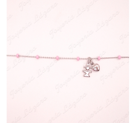 PULSERA PLATA BOLITAS ESMALTE ROSA+NIÑA Y CORAZON COLGANDO                                          