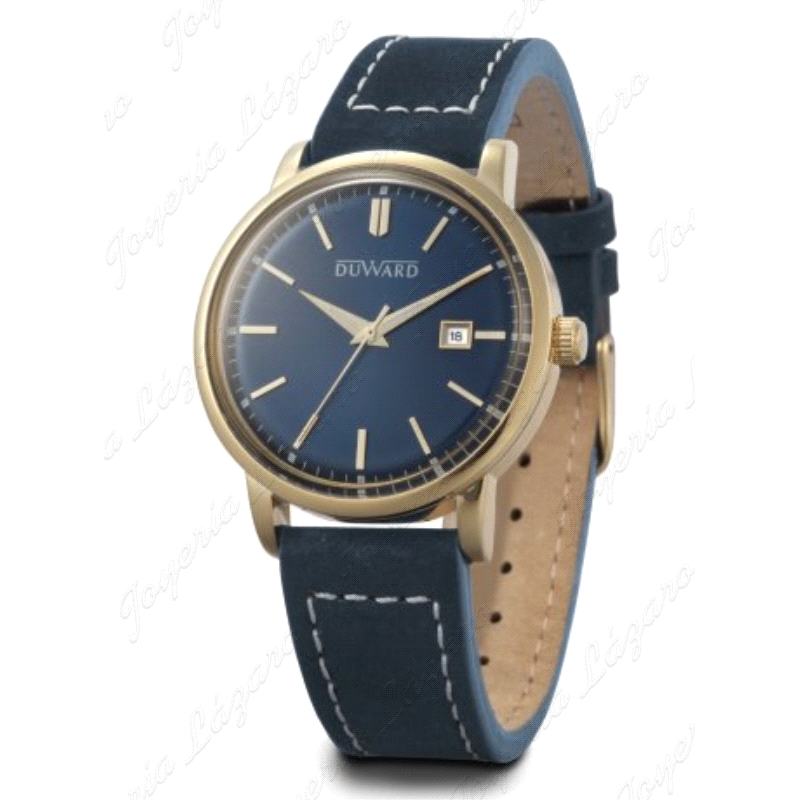 DUWARD RELOJ ELEGANCE STILNE CABALLERO DORADO CORREA PIEL AZUL OSCRURO                              