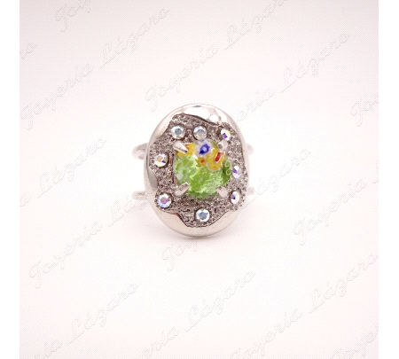 SORTIJA PLATA CHAPADA EN PLATINO AJUSTABLE OVALADA CRISTAL MURANO