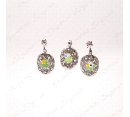 COLGANTE PLATA CHAPADA EN PLATINO OVALADO CIRCONITAS+CRISTAL MURANO                                 