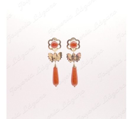 ORO 18 KTS PENDIENTES CORAL CHUPONES +CABUJON CON MARIPOSA                                          