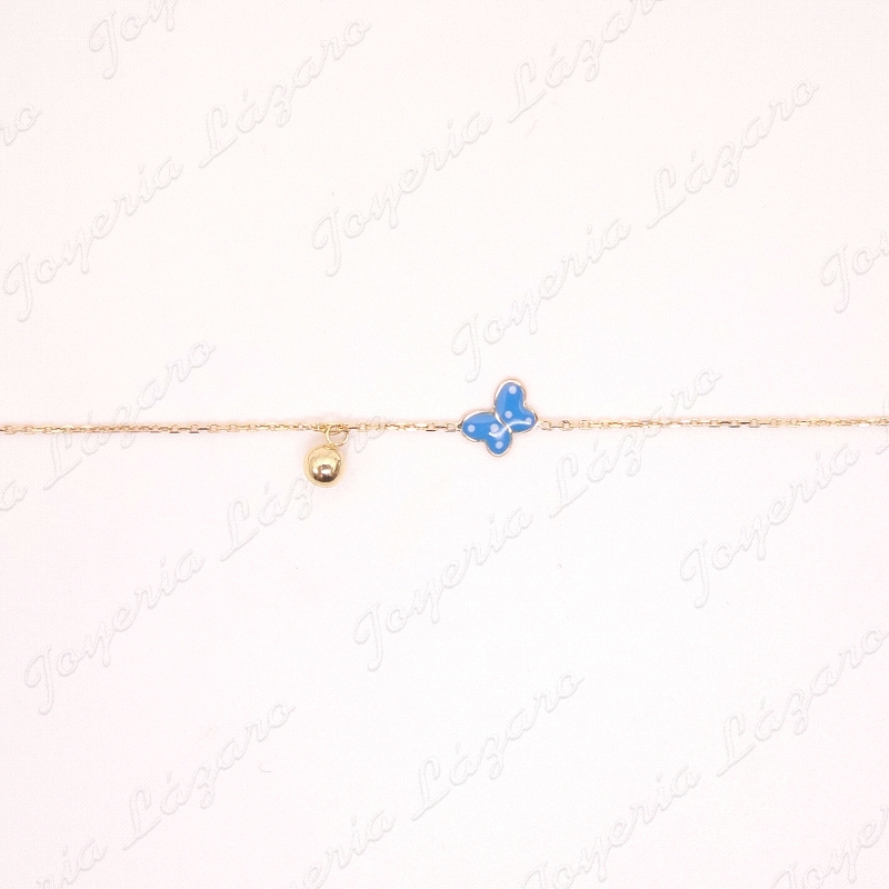 PULSERA ORO 18 KTS BEBE 2 POSTURAS, MARIPOSA ESMALTE AZUL+BOLITA                                    