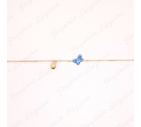 PULSERA ORO 18 KTS BEBE 2 POSTURAS, MARIPOSA ESMALTE AZUL+BOLITA