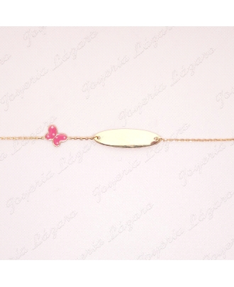 PULSERA ORO 18 KTS BEBE 2 POSTURAS, MARIPOSA ESMALTE ROSA+PERLITA BOLA                              