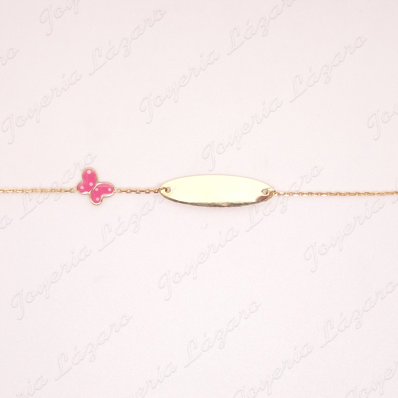 PULSERA ORO 18 KTS BEBE 2 POSTURAS, MARIPOSA ESMALTE ROSA+PERLITA BOLA                              