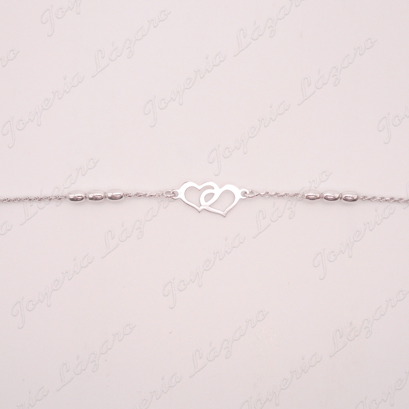 PULSERA PLATA           CORDON PEPITAS CORAZONES ENTRELAZADOS                                       