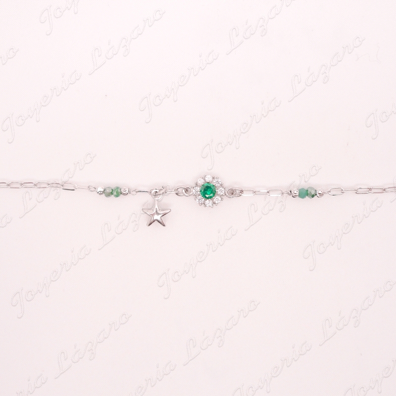 PULSERA PLATA  ESTRELLA ROSETON CIRCO PIEDRAS VERDES                                                