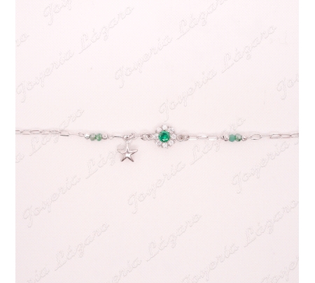 PULSERA PLATA  ESTRELLA ROSETON CIRCO PIEDRAS VERDES                                                