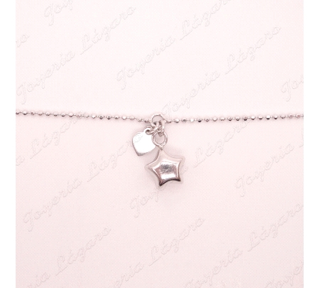 PULSERA PLATA BOLITAS TALLADA + ESTRELLA Y CORAZON                                                  