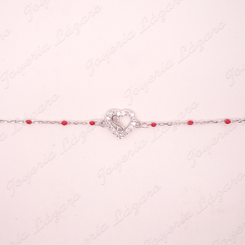 PULSERA PLATA CORAZON + INFINITO,CIRCONITAS BOLAS ROJAS                                             