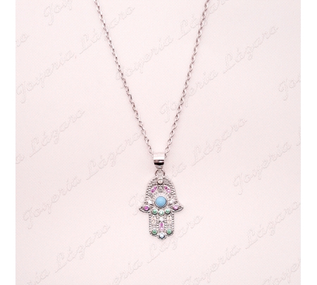 GARGANTILLA PLATA MANO DE FATIMA CIRCO COLORES TURQUESA                                             