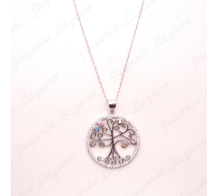 GARGANTILLA PLATA ARBOL VIDA CERO CIRCONITAS P. COLORES 25MM                                        