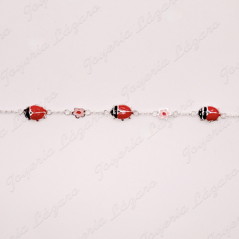 PULSERA PLATA FLORES CON 3 MARIQUITAS ESMALTE                                                       