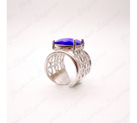 SORTIJA PLATA CHAPADA PLATINO  CIRCO OVAL AZUL