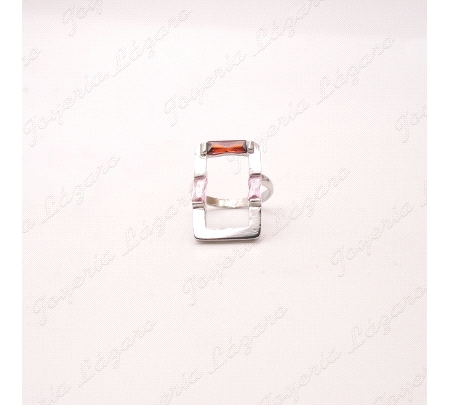 SORTIJA PLATA CHAPADA PLATINO AJUSTABLE CUADRADO CIRCO BAGUETTE ROSA