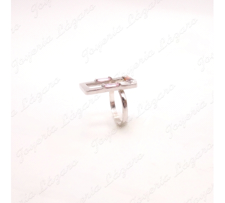SORTIJA PLATA CHAPADA PLATINO AJUSTABLE CUADRADO CIRCO BAGUETTE ROSA