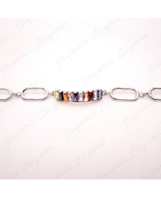 PULSERA PLATA CHAPADA PLATINO ESLABONES+CIRCOS BAGUETTE COLORES                                     