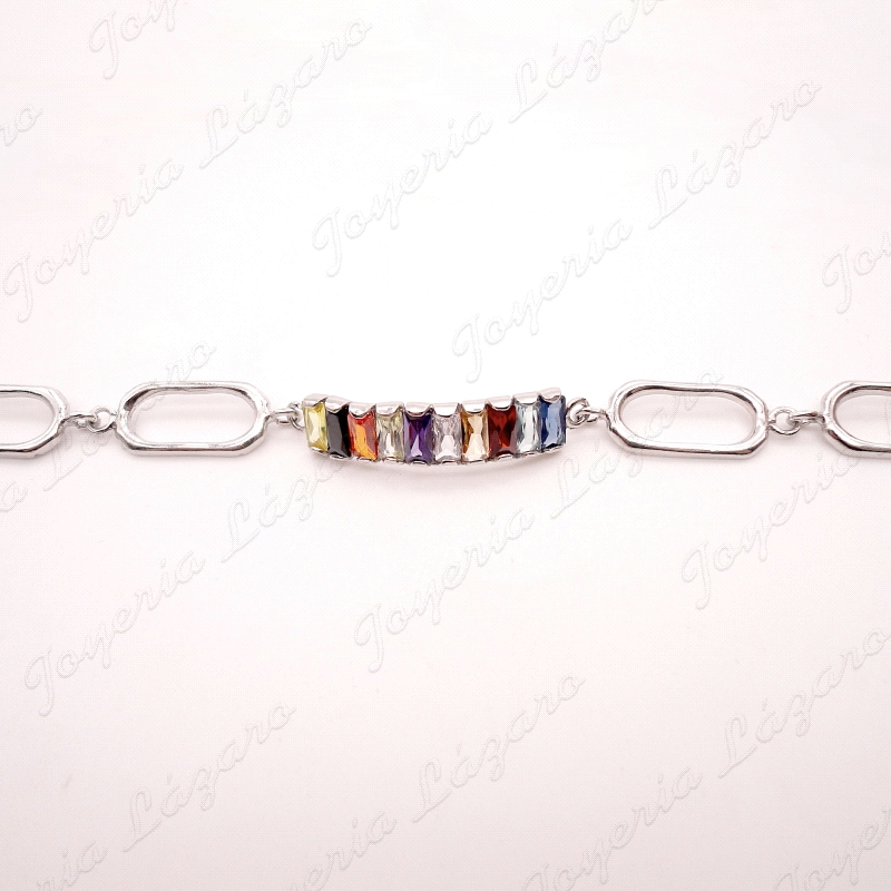 PULSERA PLATA CHAPADA PLATINO ESLABONES+CIRCOS BAGUETTE COLORES                                     
