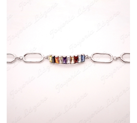 PULSERA PLATA CHAPADA PLATINO ESLABONES+CIRCOS BAGUETTE COLORES                                     