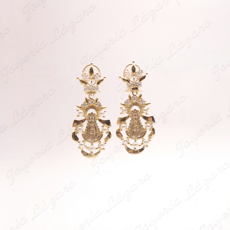 PEND. LARGOS PLATA CHAPADA ORO VIRGEN ROCIO PERLITAS CALADA 45MM C.OME                              