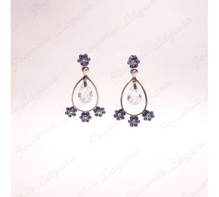 PEND. LARGOS PLATA CHAPADA PLATINO OVAL CIRCO PERA BL.+FLORES AZULES