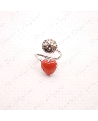 SORTIJA PLATA CORAZON GARRAS C. SWAROVSKI ROJO CORAL                                                