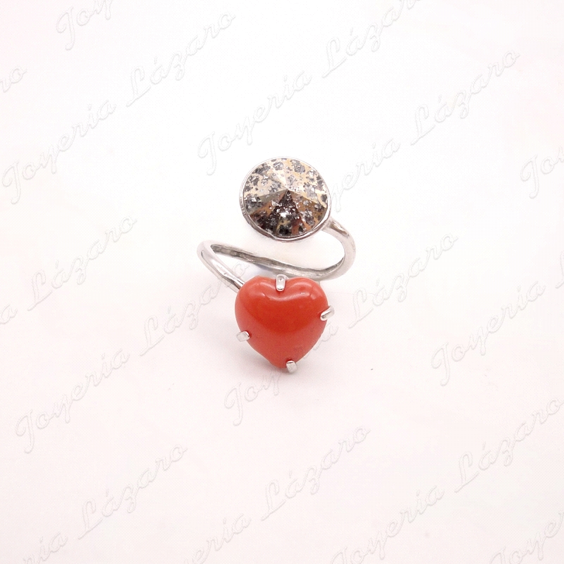 SORTIJA PLATA CORAZON GARRAS C. SWAROVSKI ROJO CORAL                                                