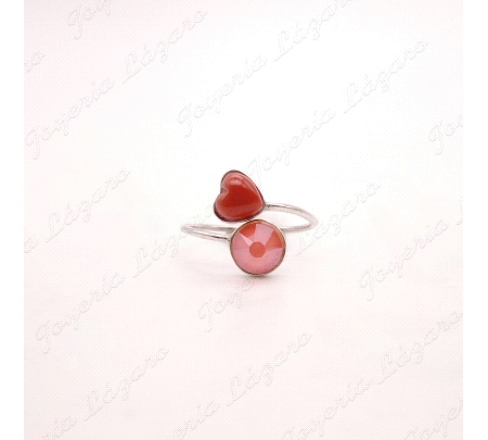 SORTIJA PLATA CORAZON ROJO + C. SWAROVSKI CORAL