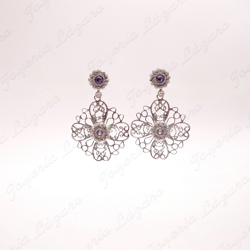 PEND. LARGOS PLATA CHAPADA PLATINO FILIGRANA SWAROVSKI MORADO                                       