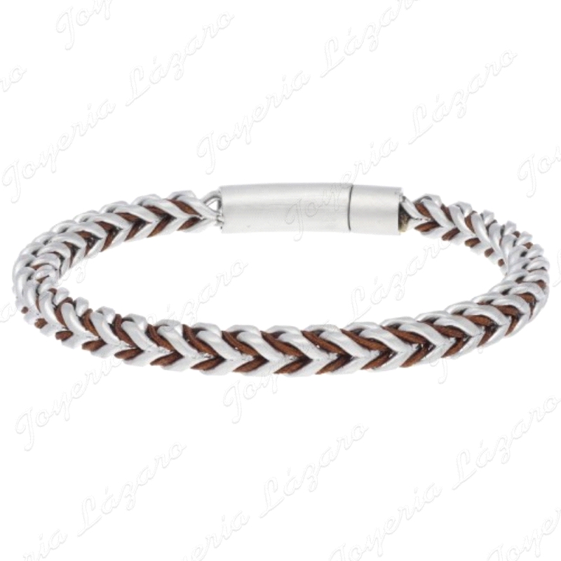 PULSERA ACERO TRENZADO REDONDO CON PIEL MARRON                                                      