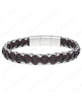 PULSERA ACERO Y PIEL TRENZADA MARRON                                                                