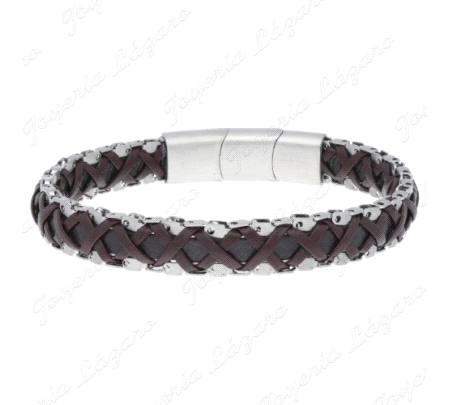 PULSERA ACERO Y PIEL TRENZADA MARRON