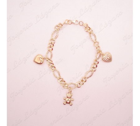 PULSERA ORO 18 KTS FETICHES 2 CORAZONES+ OSITO DISEÑO ITALIANO