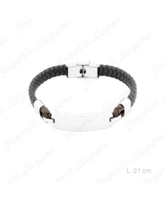 PULSERA ACERO CUERO TRENZADO + PLACA                                                                