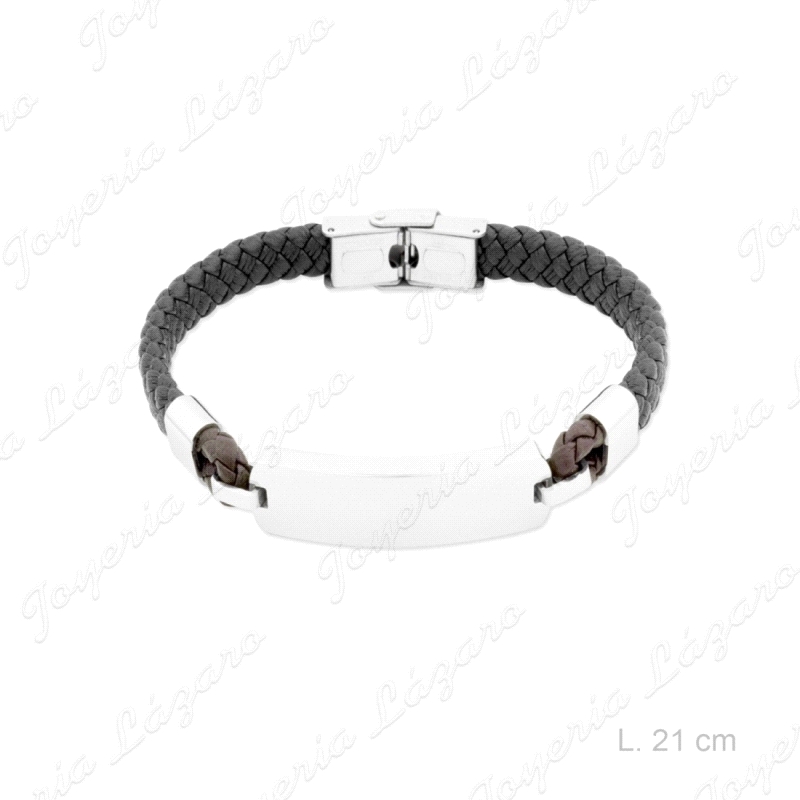 PULSERA ACERO CUERO TRENZADO + PLACA                                                                