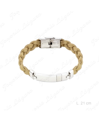 PULSERA ACERO  CUERRO TRENZADO  CAMEL + PLACA                                                       