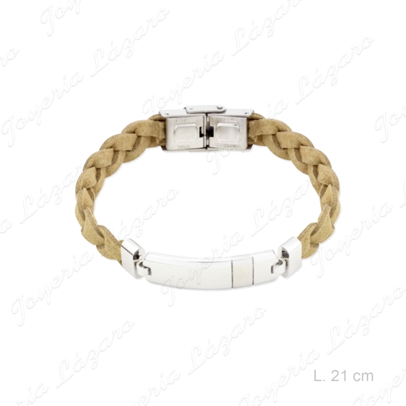 PULSERA ACERO  CUERRO TRENZADO  CAMEL + PLACA                                                       