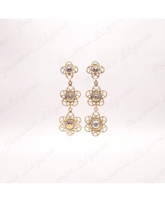 PEND. LARGOS PLATA CHAPADA ORO FILIGRANA 3 FLORS CON SWAROVSKI BLANCO                               