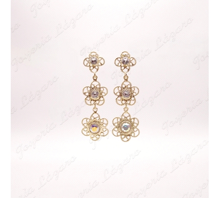 PEND. LARGOS PLATA CHAPADA ORO FILIGRANA 3 FLORS CON SWAROVSKI BLANCO