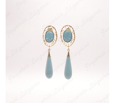 PEND. CORAL/SIMIL PLATA CHAPADA ORO FILIGRANA CARA Y PERITA AZUL